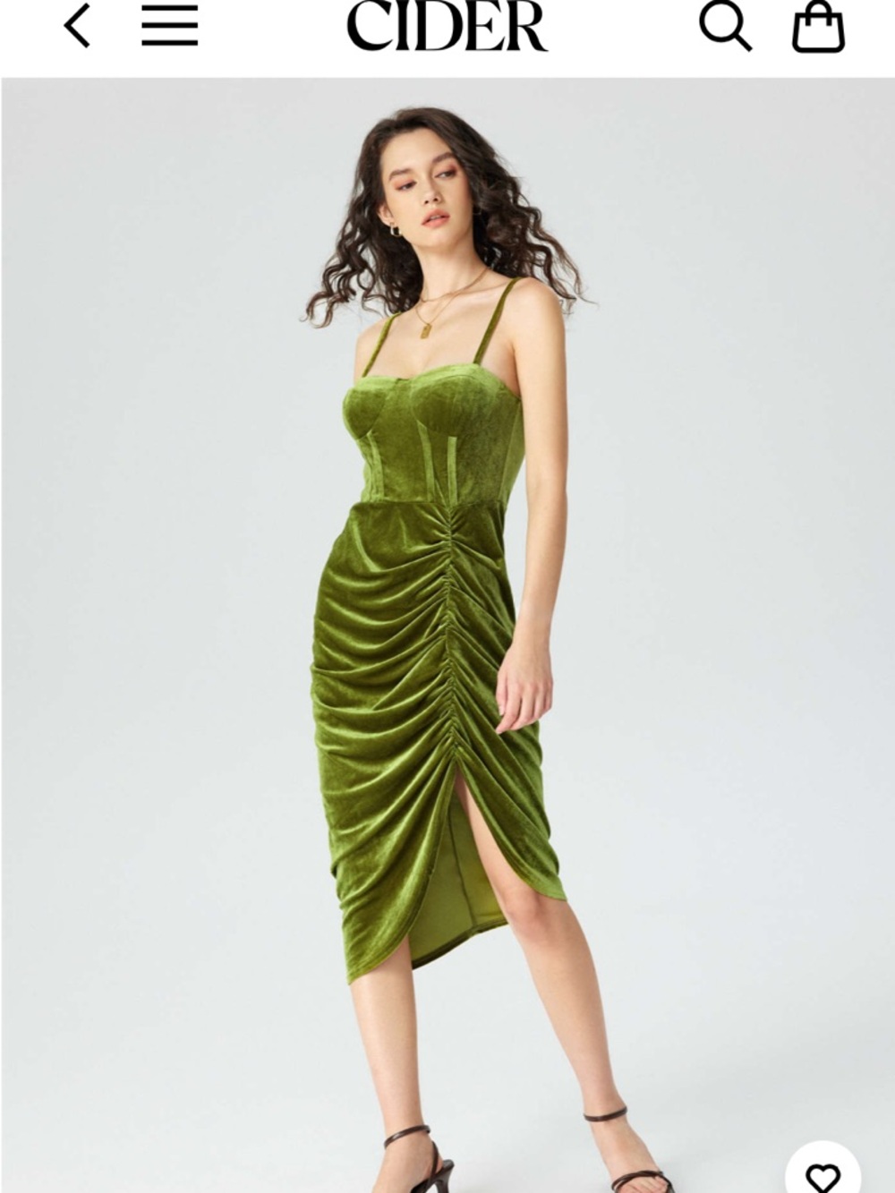 Cider Moss Olive Green Velvet Ruched Midi Dress